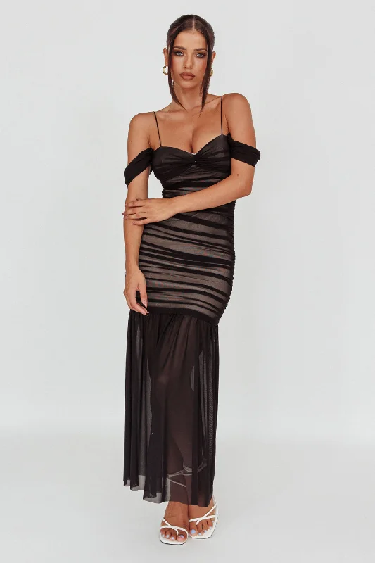 La Salle Ruched Mesh Maxi Dress Black