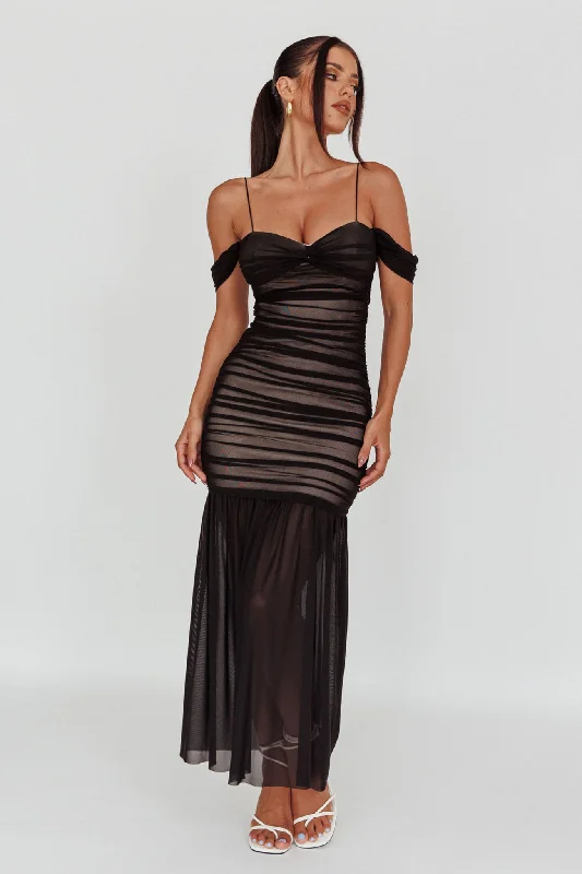 La Salle Ruched Mesh Maxi Dress Black