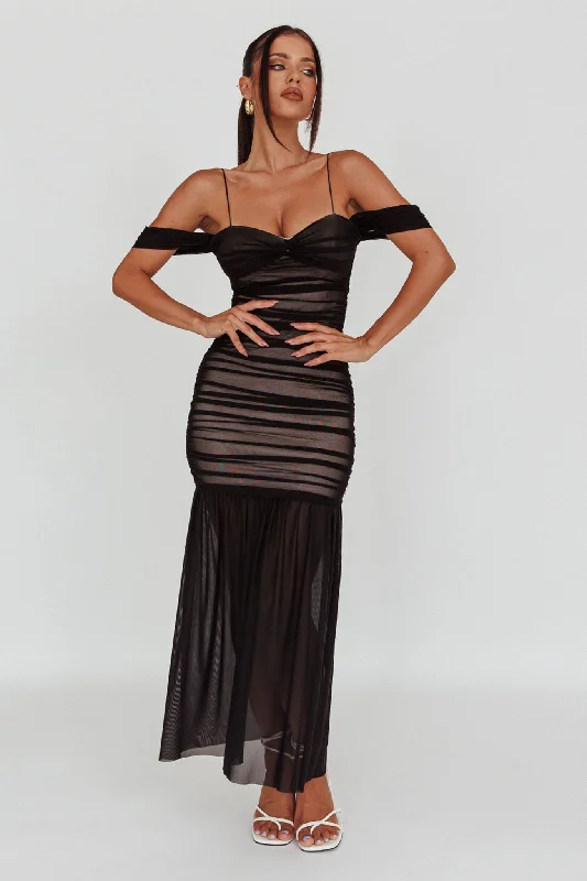 La Salle Ruched Mesh Maxi Dress Black