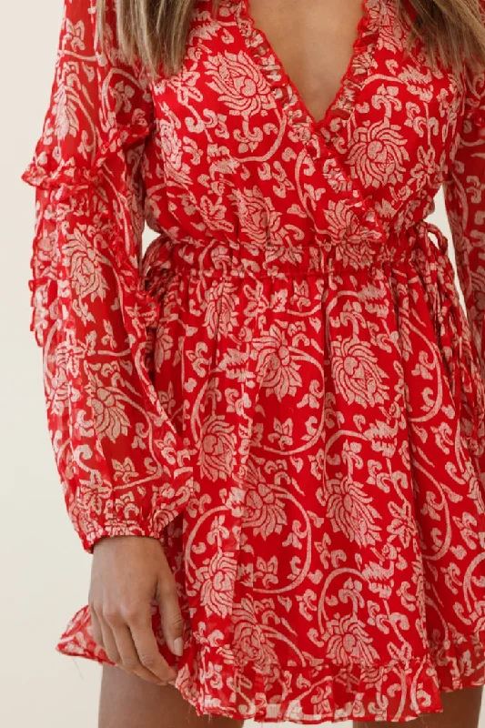 Lima Long Sleeve Drawstring Waist Frill Dress Floral Print Red