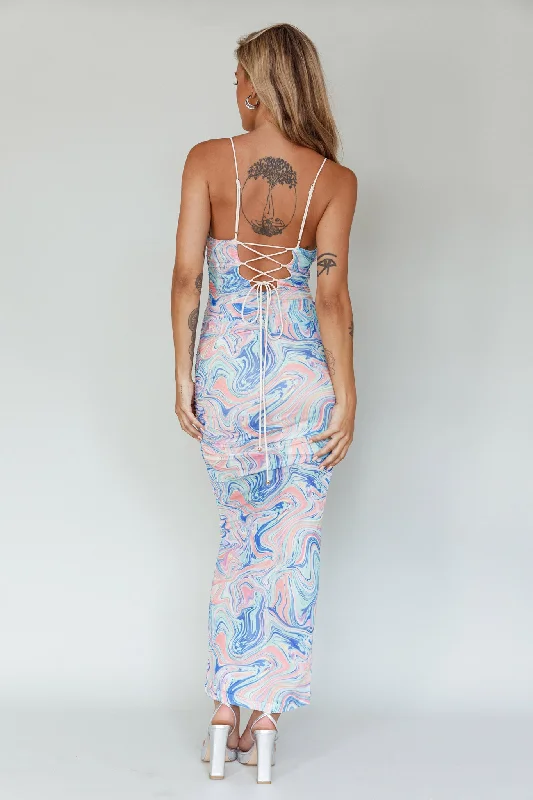 Love In Miami Lace-Up Back Midi Dress Swirl Blue