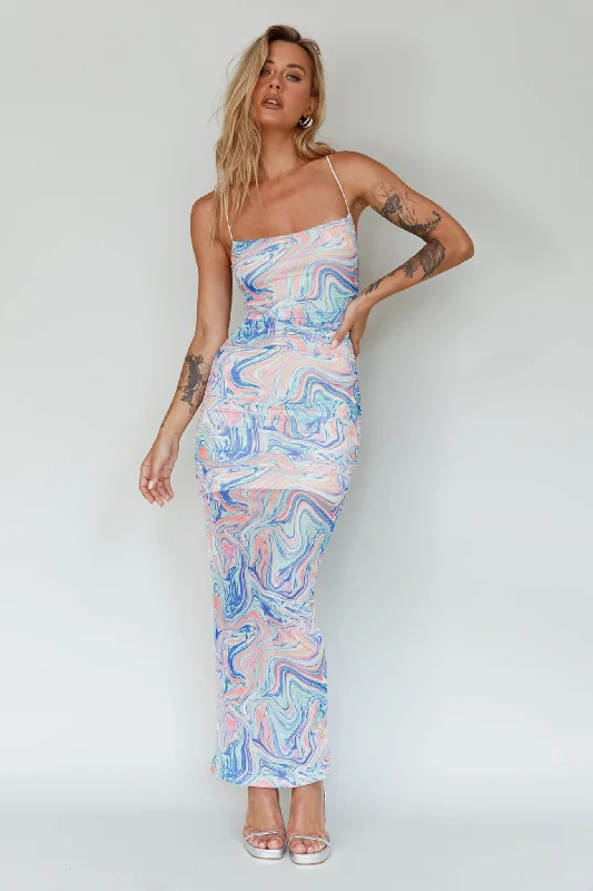 Love In Miami Lace-Up Back Midi Dress Swirl Blue