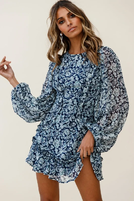 Mirabelle Long Balloon Sleeve Ruffle Hem Dress Floral Print Navy