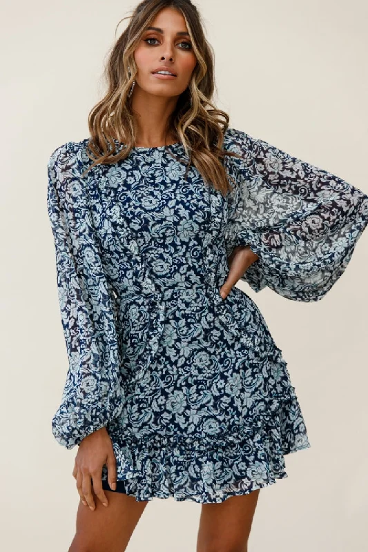 Mirabelle Long Balloon Sleeve Ruffle Hem Dress Floral Print Navy