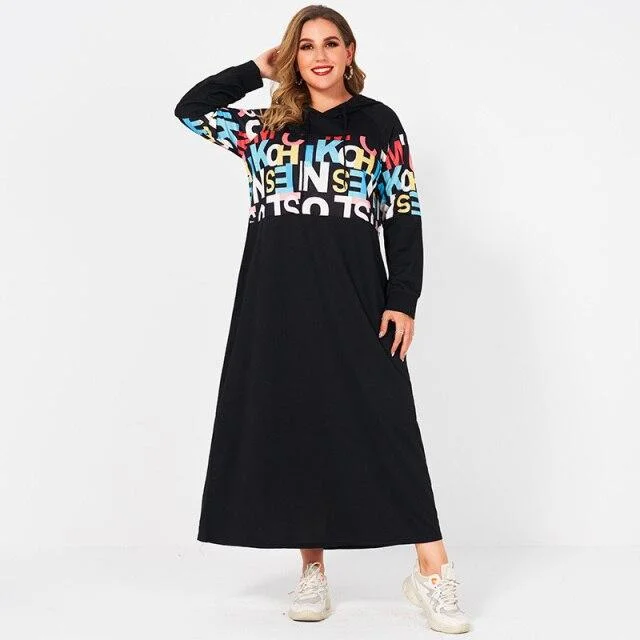 FashionSierra - College Casual Style Hooded Long Color Letter Printing Stitching Loose Long Sleeve Black Thin Sweater Woman Dress