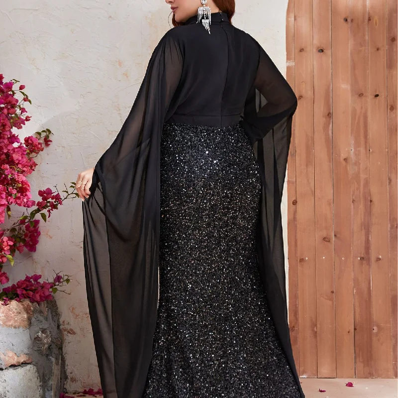 NiDELL European and American High-End New Dress plus Size Sequined Chiffon Turtleneck Long Dress Black Evening Gown-Fmgt530