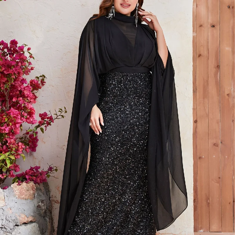 NiDELL European and American High-End New Dress plus Size Sequined Chiffon Turtleneck Long Dress Black Evening Gown-Fmgt530