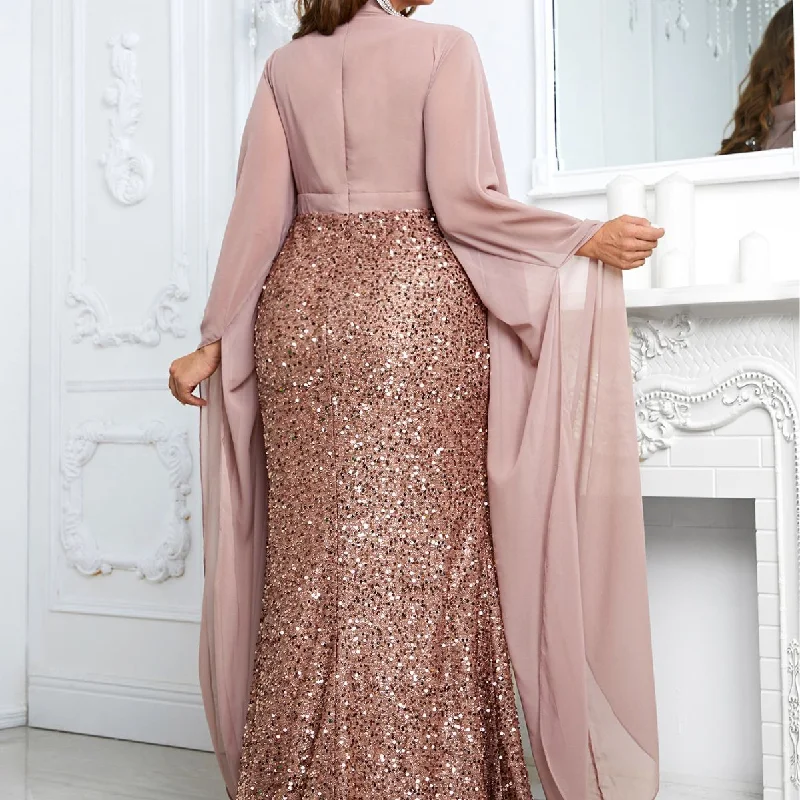 NiDELL In Stock Large Size Cross-Border Dress New Sequined Chiffon Evening Dress High Collar Long Dress-FMGT530-2