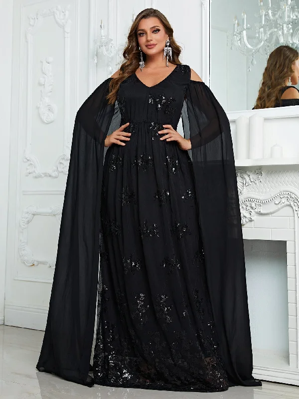 NiDELL Large Size off-the-Shoulder Party Dress Elegant Senior Evening Dress Shawl Sleeve Design Long Dress-Fmg775