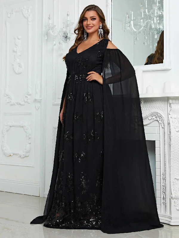 NiDELL Large Size off-the-Shoulder Party Dress Elegant Senior Evening Dress Shawl Sleeve Design Long Dress-Fmg775