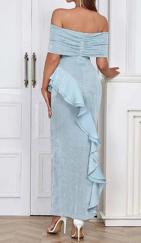 OFF SHOULDER RUFFLED MAXI DRESS IN TINGED BLUE