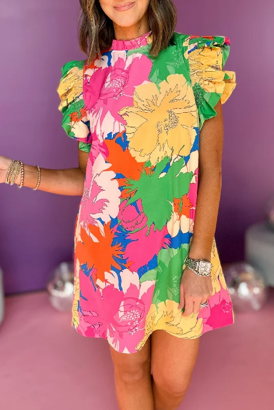 Pink Multi Floral Frill Neck Smocked Ruffle Sleeve Dress