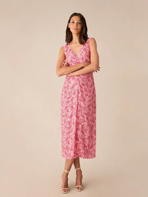 Pink Paisley Ruched Front V-Neck Midi Dress