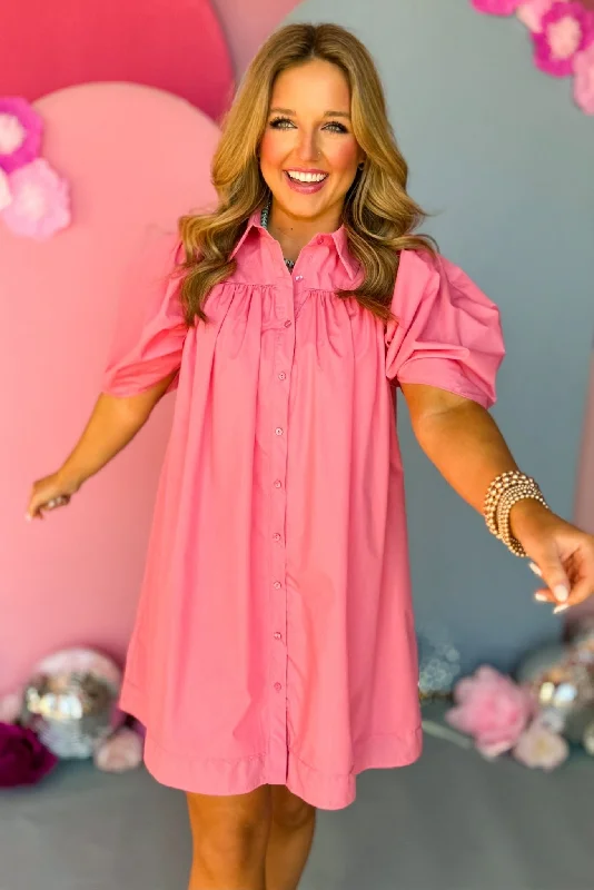 Pink Poplin Collared Button Down Frill Puff Sleeve Dress