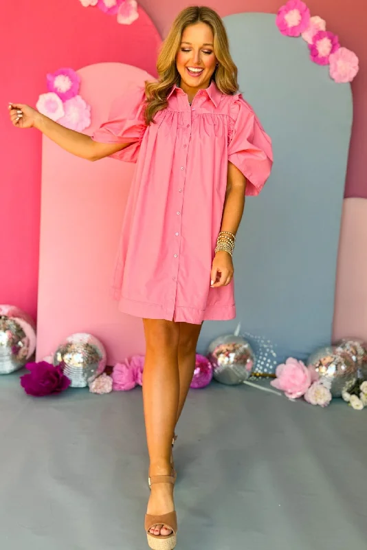 Pink Poplin Collared Button Down Frill Puff Sleeve Dress