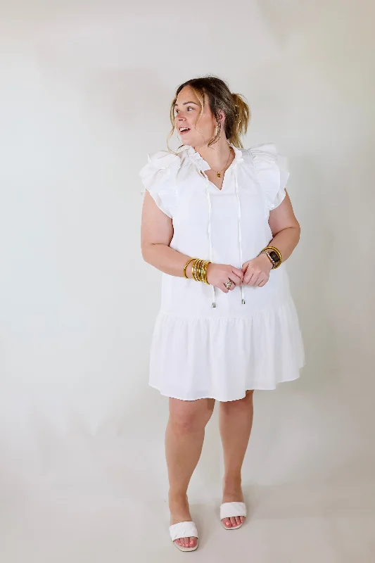 Powerful Love Ruffle Cap Sleeve Dress with Keyhole and Tie Neckline in Ivory