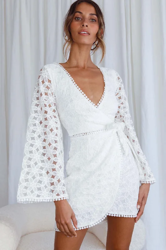 Santa Cruz Bell Sleeve Embroidered Wrap Mini Dress White