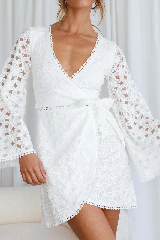 Santa Cruz Bell Sleeve Embroidered Wrap Mini Dress White