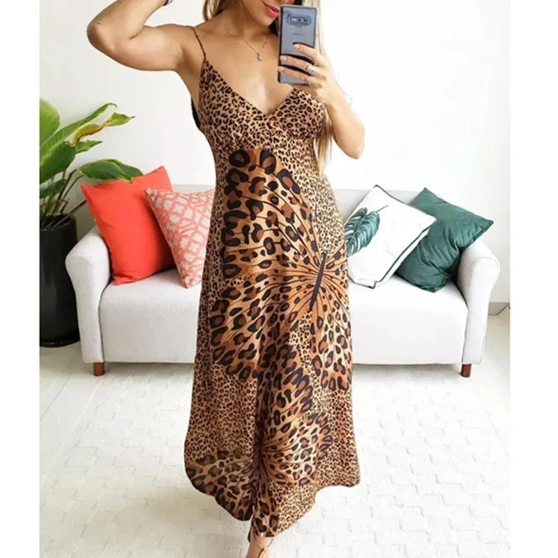 FashionSierra - Butterfly leopard print long dress Women spaghetti strap summer dress Casual beach a line dresses robe femme