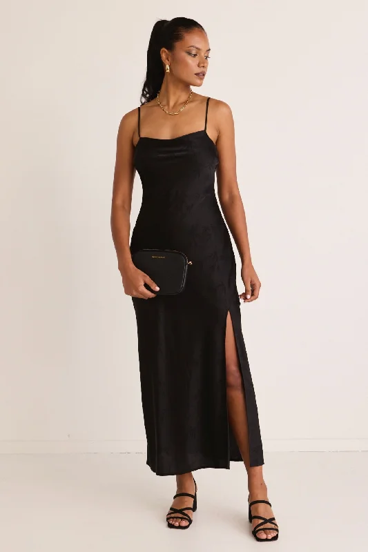 Showstopper Black Jacquard Satin Strappy Bias Midi Dress