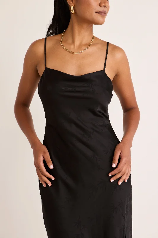 Showstopper Black Jacquard Satin Strappy Bias Midi Dress