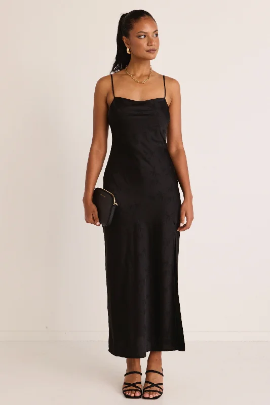 Showstopper Black Jacquard Satin Strappy Bias Midi Dress