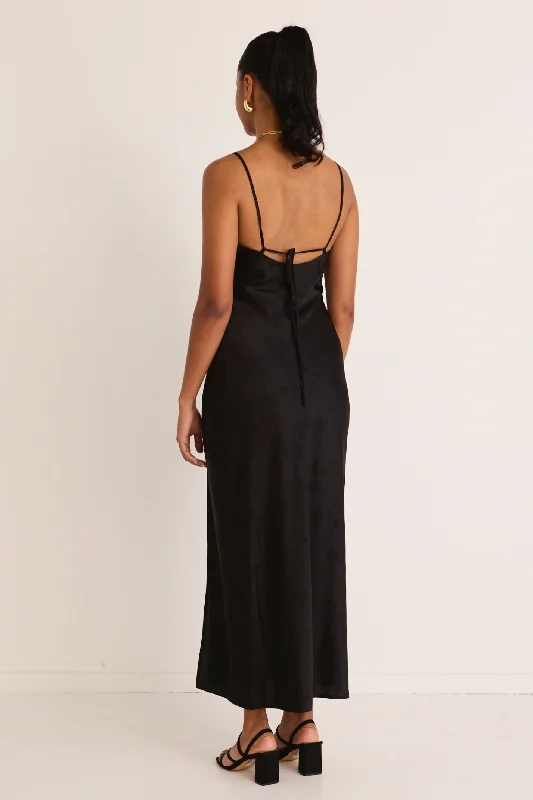 Showstopper Black Jacquard Satin Strappy Bias Midi Dress