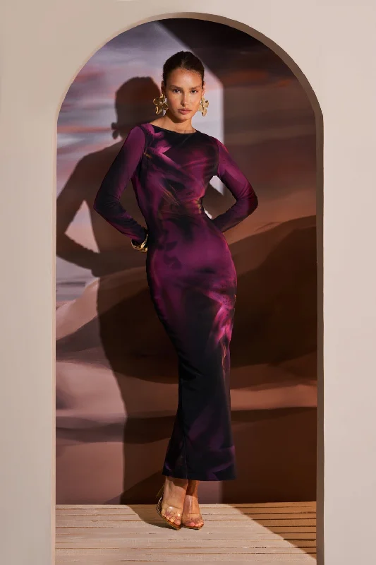 SLASH NECK MAXI DRESS IN PURPLE MIRAGE