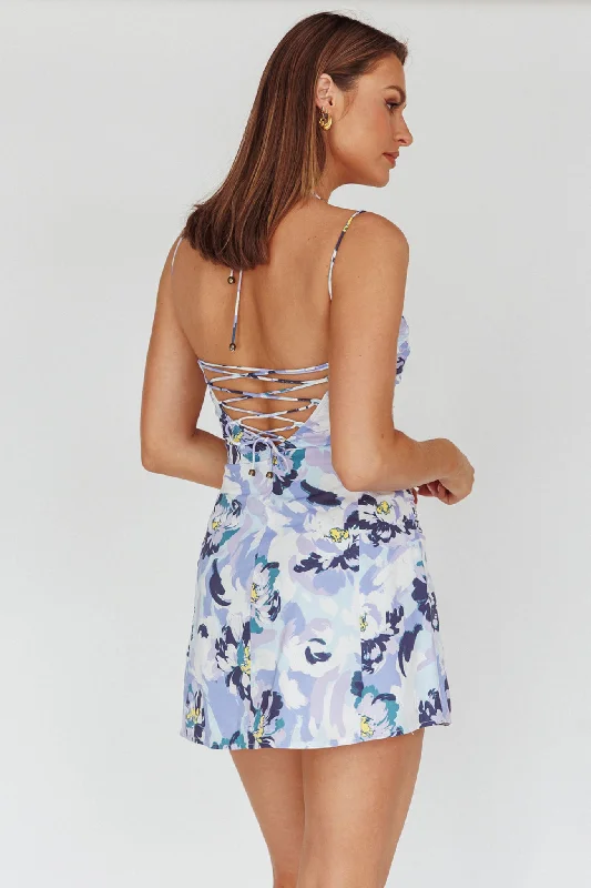 So Cliche Lace-Up Back Mini Dress Floral Purple