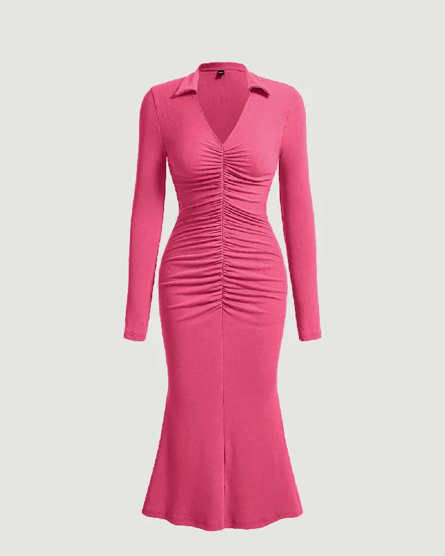 Solid Color Gathered Front Mermaid Hot Pink Dress