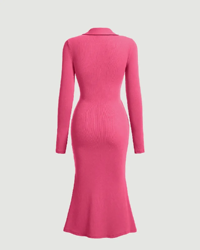 Solid Color Gathered Front Mermaid Hot Pink Dress