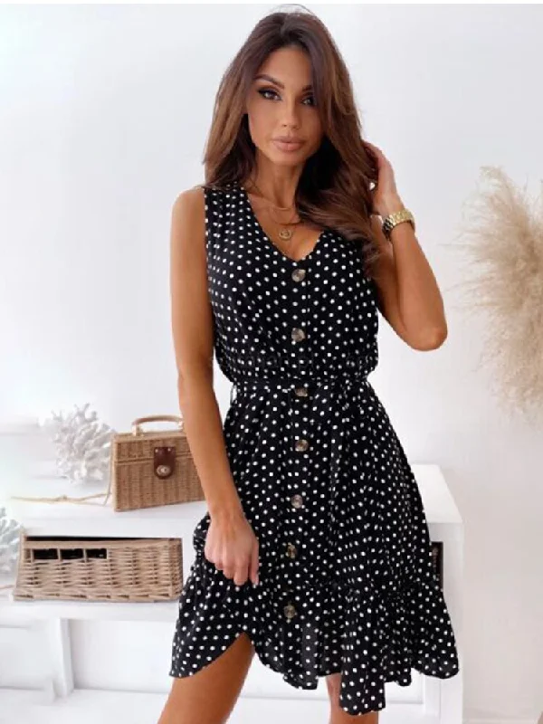 FashionSierra - Casual Polka Dot V-neck Sleeveless Lace Up Party Dress