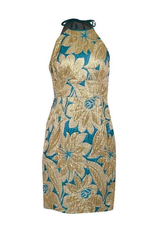 Trina Turk - Teal Green & Gold Large Brocade Print Sleeveless Open Back Dress Sz 4