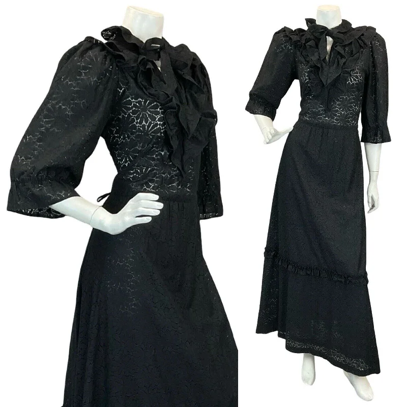 VTG 70S BLACK GOTHIC PRAIRIE LACE RUFFLE MAXI DRESS 8 10