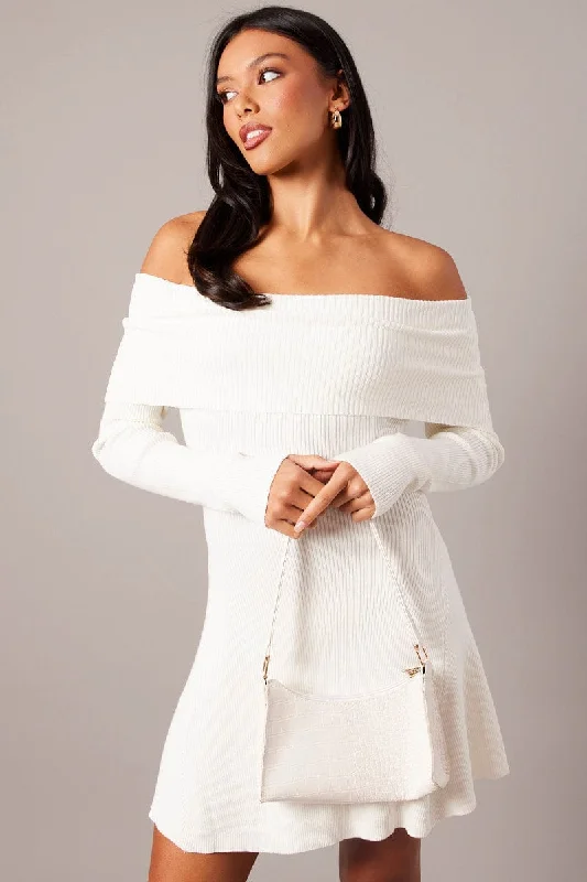 White Knit Dress Long Sleeve Off Shoulder