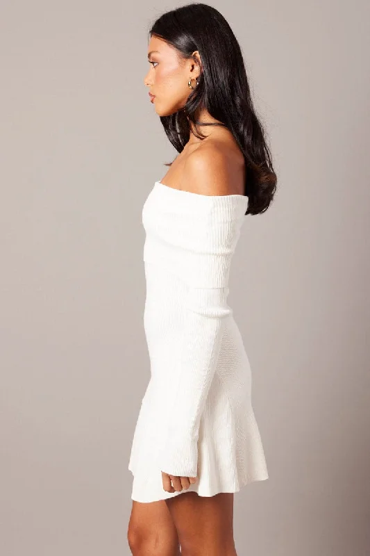 White Knit Dress Long Sleeve Off Shoulder