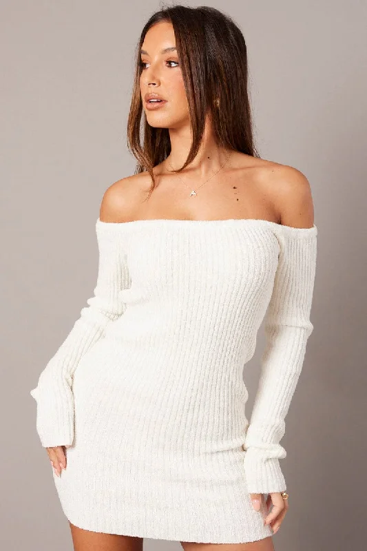 White Knit Dress Long Sleeve Off Shoulder Mini