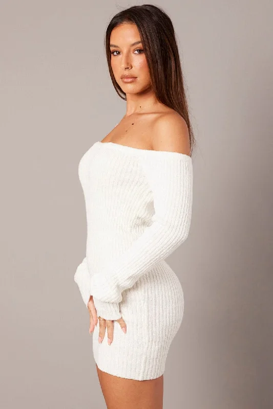 White Knit Dress Long Sleeve Off Shoulder Mini