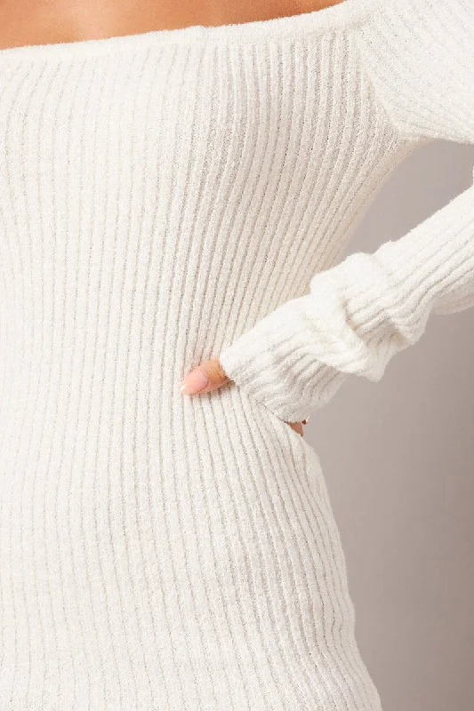 White Knit Dress Long Sleeve Off Shoulder Mini