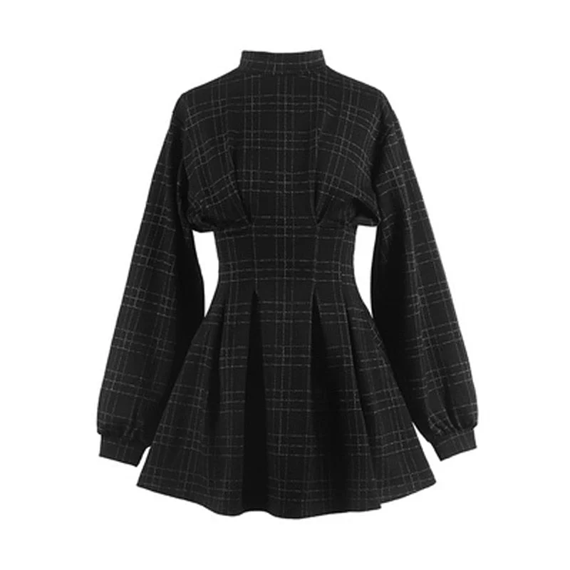 Amy Fashion - Stand Collar Long Sleeve Balck Plaid Pleat Ruched Mini Dress