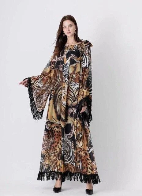 FashionSierra - Long Flare Sleeves Printed Elegant High Street Fashion Maxi Dress