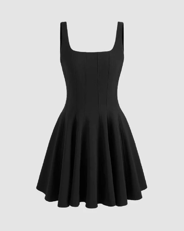 Woven Square Neck Ruffle Black Mini Dress