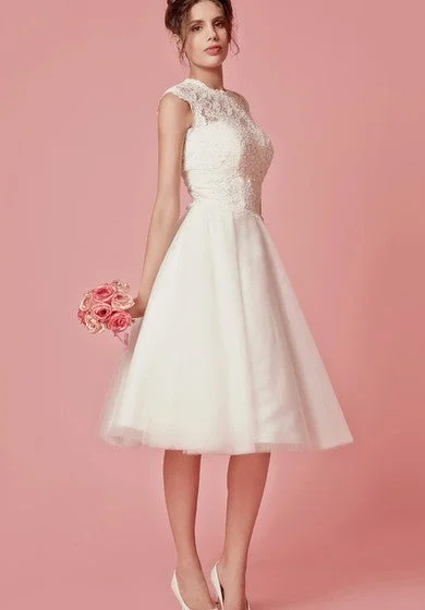 Aristocratic Cap-sleeve High Neck Tea-length Dress With Lace Top