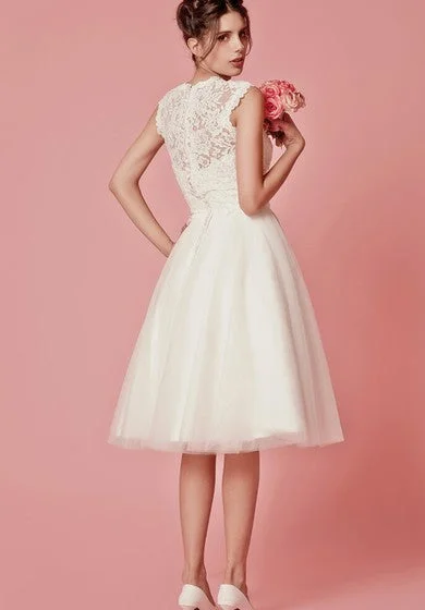 Aristocratic Cap-sleeve High Neck Tea-length Dress With Lace Top