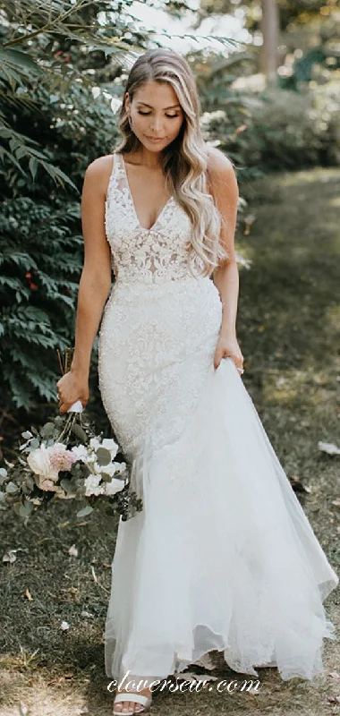 Bead Lace V-neck Vintage Mermaid Wedding Dresses, CW0193