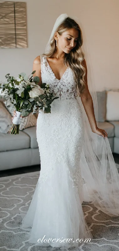 Bead Lace V-neck Vintage Mermaid Wedding Dresses, CW0193