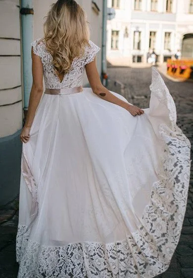 Bohemian Bateau A Line Chiffon and Lace Floor-length Short Sleeve Wedding Dress with Ribbon