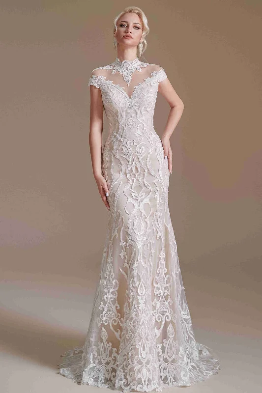 Elegant Mermaid Ivory High Neck Lace Wedding Dress with Train