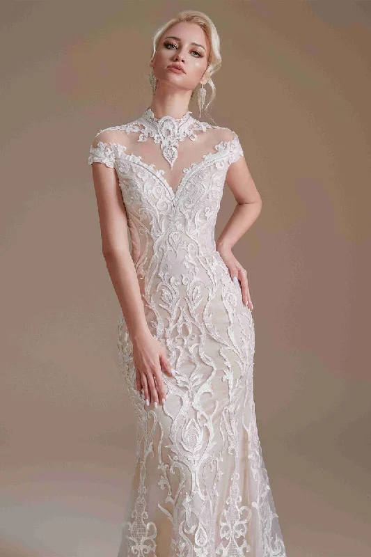 Elegant Mermaid Ivory High Neck Lace Wedding Dress with Train