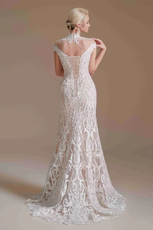 Elegant Mermaid Ivory High Neck Lace Wedding Dress with Train